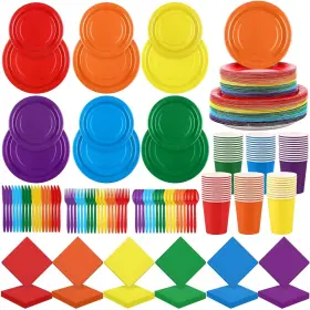 Dy1160 Durony 504 Pieces Rainbow Disposable Party Tableware Set Serves 72 Guests 7 Inch