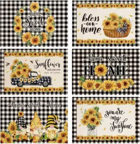 A1476 Dycica 6pcs Sunflower Placemats Spring Summer Flower Gnome Truck Large Mixed