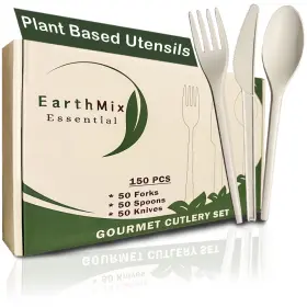 M6-x1rd-w3c9 Earthmix Essential 150pcs Compostable Cutlery Set Eco-friendly Heavy-duty Utensils 50 Forks