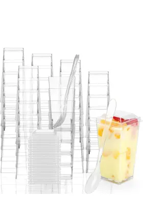 Easercy 735626377372 50 Pack 3 Oz Square Mini Dessert Cups With Lids And Spoons Clear Shooter