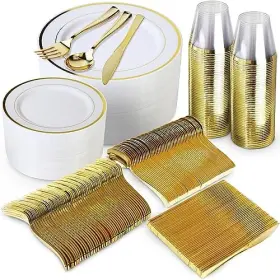 Se001g Easton Grey Products 600 Piece Disposable Plastic Dinnerware Set 200 White And 100 Guest Gold