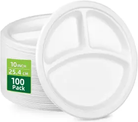 Hg-round-plate-10in-3sec-100 Eco-friendly Tableware Co. Ltd 10 Inch Disposable 3 Compartment Divided Paper Plates Heavy Duty Compostable White