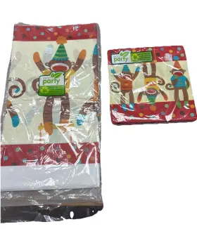 Eco Party 013051298234 Sock Monkey Eco-friendly Paper Tablecloth Napkins Birthday Supplies Retro