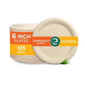Eco Soul 810103150010 100% Compostable 6 Inch Small Paper Plates 125-pack Disposable Party