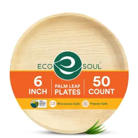 Eco Soul 810103151352 Compostable 6 Inch Small Palm Leaf Round Plates 50 Count Like Bamboo Bi