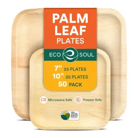 Eco Soul 810103152472 Compostable 7 And 10 Inch Palm Leaf Square Plates 50 Count Like Bamboo