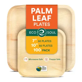 Eco Soul 810103152489 Compostable 7 And 10 Inch Palm Leaf Square Plates 100 Count Like Bamboo Plate