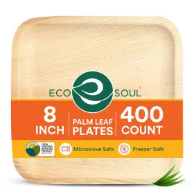 Eco Soul 810103152601 Compostable 8 Inch Palm Leaf Square Plates 400 Count Like Bamboo B