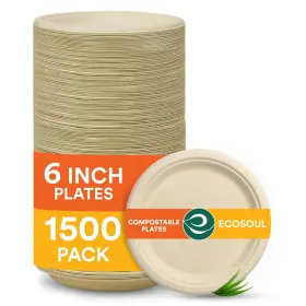 Eco Soul 810103154148 100% Compostable 6 Inch Small Paper Plates 1500-pack Disposabl