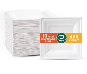 Eco Soul 810103154988 New 400 Pcs 100% Compostable Square Pulp Bamboo Plates Strong 10 Inch