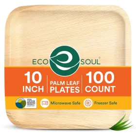 Eco Soul 850023080011 Compostable 10 Inch Palm Leaf Square Plates 100 Count Like Bamboo
