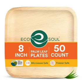 Eco Soul 850023080035 Compostable 8 Inch Palm Leaf Square Plates 50 Count Like Bamboo Bi