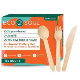 Eco Soul 850023080165 100% Compostable Cutlery 175pack Disposable Wooden Set I Natural