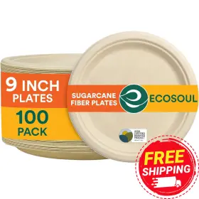 Eco Soul 850023080844 Compostable Biodegradable Disposable Bagasse Paper Plates Heavy-duty
