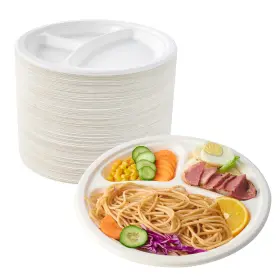 Ecolipak 748250885335 150 Pack Compostable 3 Compartment Plates Heavy-duty Disposable Biodegradabl