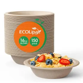 Wu-qwq01126 Ecolipak 150 Pack Compostable Disposable Paper Bowls 16 Oz Bagasse Heavy Duty Biodegr