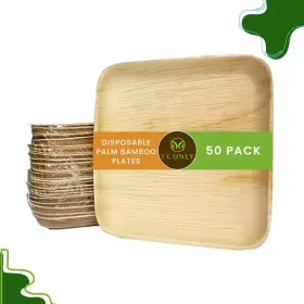Econly 740224492747 Disposable Palm Bamboo Plates Ecofriendly Heavy Duty 50 Pack 8 Inch Squar