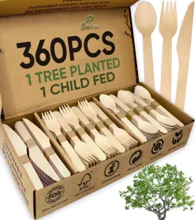 Ecopreps 769947313740 100% Compostable Wooden Cutlery Set 360 Pcs 150 Forks 125 Spoons 85 Knives Eco