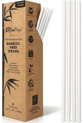 Ecopreps 769947313771 10 Inch Biodegradable Bamboo Fiber Straws Extra-long 100 Count 100% Co