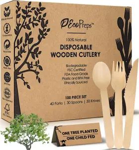 Ecopreps 769947313801 Compostable Wooden Cutlery Set 100 Pcs 40 Forks 30 Spoons Knives Ecofriendly