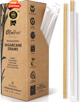 Ecopreps 769947313832 Biodegradable 100pc Wrapped 7.8-inch Sugarcane 100 Straws Brown
