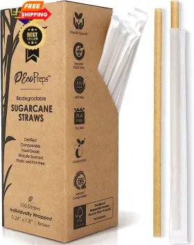 Ecopreps 769947313832 Biodegradable 100pc Wrapped 7.8-inch Sugarcane 100 Straws Brown