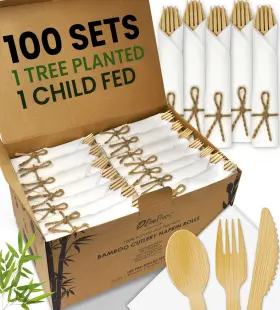 Ecopreps 769947313894 Premium Pre-rolled Napkin And Bamboo Cutlery Set 100 Pack 400 Pcs 100% Bio