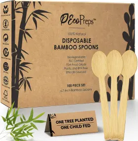 Ecopreps 769947313924 100% Compostable Bamboo Spoons Set - 100-pack 6.7 Inch Eco-friendly Bamb