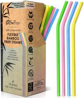 Ecopreps 769947313979 Colorful 150pc 8 Inch Bendy Straws Bamboo-pla Multicolor