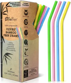 Ecopreps 769947313979 Colorful 150pc 8 Inch Bendy Straws Bamboo-pla Multicolor