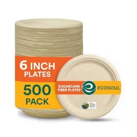 Ecosoul 810103150201 100% Compostable 6 Inch Small Paper Plates 4x125 Pc 500 Round Plate