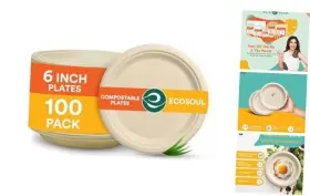 Ecosoul 850023080868 % Compostable 6 Inch Small Paper Plates -pack Disposable 100 Round Plate