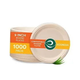 Ecosoul Home Inc 810103152427 100% Compostable 9 Inch Paper Plates 8x125 Pc Disposable 1000 Round Plate
