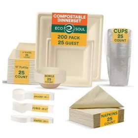 Cdssq200 Ecosoul Home Inc Pcs Compostable Dinnerware Set For 25 Guests Each Of Eco Square 200