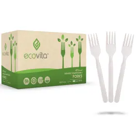 Ecovita 656237304826 100% Compostable Forks 500 Large Disposable Utensils 7 Inch Bulk Size Eco Frien