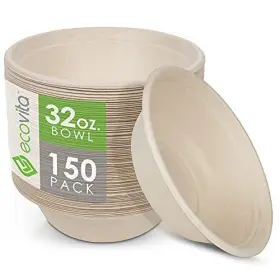 Ecovita 656237304925 100% Compostable Paper Bowls 32 Oz. 150 Disposable Eco Frie