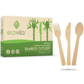 Ecovita 850045161095 100% Bamboo Forks Spoons Knives Cutlery Combo Set - 380 Large Compostable Dis