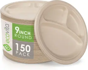 Ecovita9rpc150 Ecovita 100% Compostable Paper Plates 9 Inch Compartments 150 Large Brown
