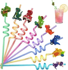 Klxg-01 Eikovia 8 Pieces Dinosaur Theme Plastic Reusable Straws Bendy Standard Chroma