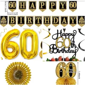 1987y11542 Eiurteao 60th Birthday Decorations Kit For Men Women Black Gold 36pcs