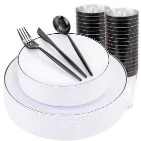 Ei013 Ejonirinjonir Ei 180pcs White Plastic Plates With Black Rim Dinnerware Set Include