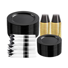 Ejonirinjonir Ei014 Ei 350pcs Black Plastic Plates Disposable Heavy Duty Dinnerware Set P