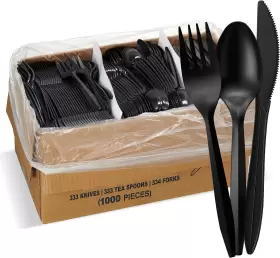 Ccb-1000 Elegant Disposables 1 000 Plastic Disposable Cutlery Bulk Variety Pack Black Medium Weight Includes