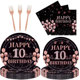 Emrups 073697254639 96pcs 10th Birthday Party Plates Set Rose Gold Theme Decorations Inclu