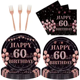 Emrups 704030581203 96pcs 60th Birthday Party Plates Set Rose Gold Theme Decorations Include
