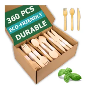 Envmax 198715703900 Disposable Wooden Cutlery Set 360 Pcs 100% Compostable Silverware 120