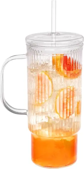 Qbl-p1 Erichbow 32oz Ribbed Glass Cup With Handle Lid And Plastic 32 Ounces Clear