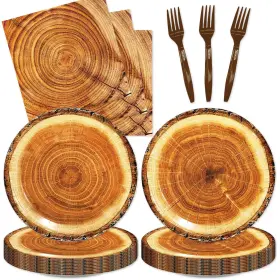 S011 Esyzpesai Wood Grain Paper Plates 48pcs Woodland Baby Shower Tea Party Serves 16