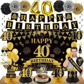 Sx00303 Eucutur 42pcs 40th Birthday Decoration Kit For Men Women Black Gold Happy Bday