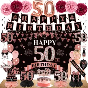Sx00324 Eucutur 42pcs 50th Birthday Decoration Kit For Women Rose Gold Happy Bday Banne